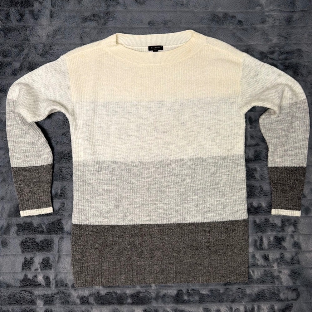 Talbots Petite Colorblock Crewneck Sweater Gray Cream SP JO5161 06/21